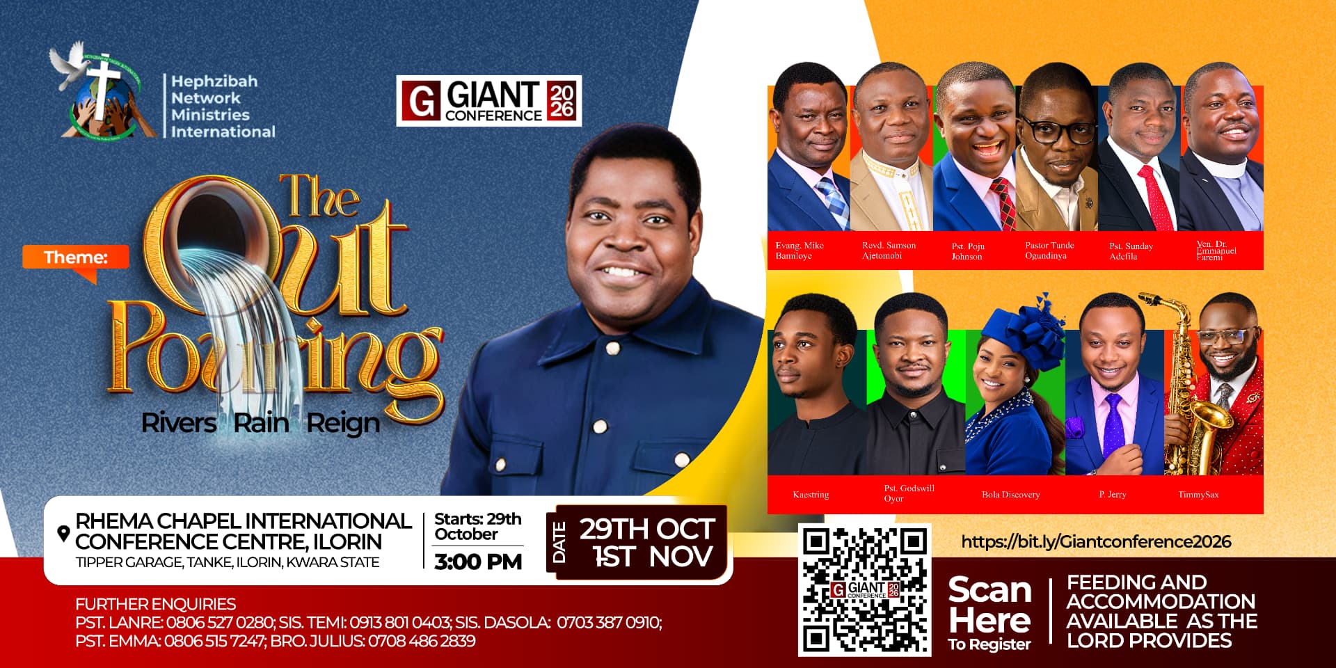 Official flyer for Giant Conference Nigeria 2026 — The Outpouring, 29 October to 1 November 2026 at RHEMA Chapel International Conference Centre, Ilorin